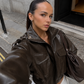 Women’s Leather Bomber Jacket with Pocket Detail