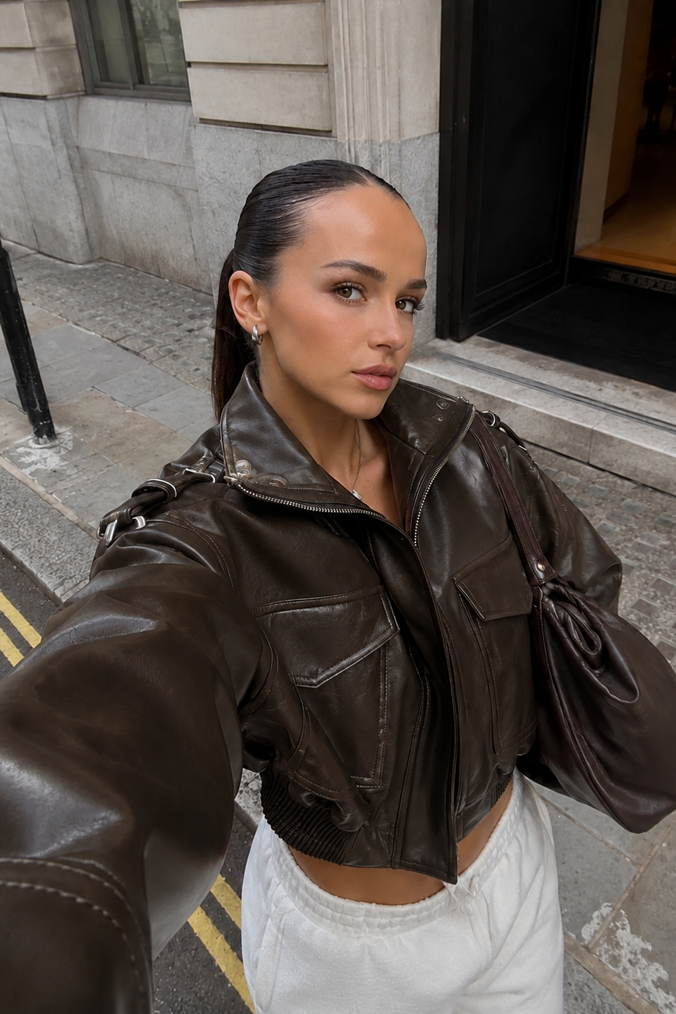 Women’s Leather Bomber Jacket with Pocket Detail