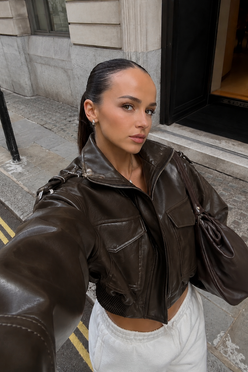 Women’s Leather Bomber Jacket with Pocket Detail