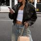 Women’s Leather Bomber Jacket with Pocket Detail