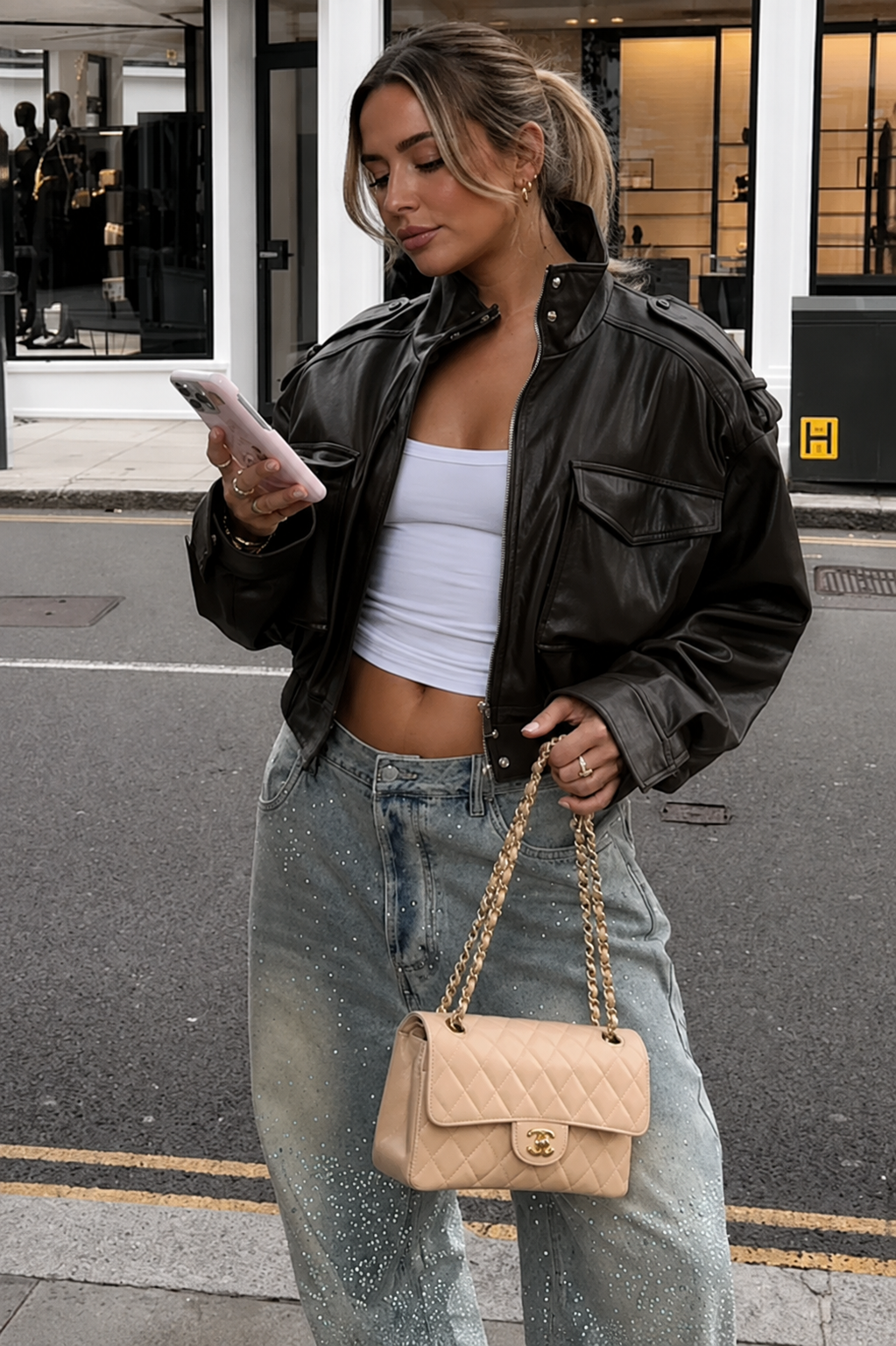 Women’s Leather Bomber Jacket with Pocket Detail