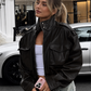 Women’s Leather Bomber Jacket with Pocket Detail