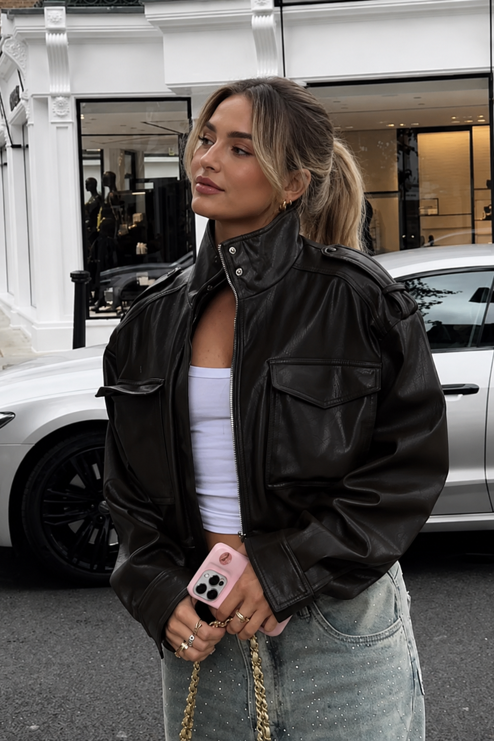 Women’s Leather Bomber Jacket with Pocket Detail