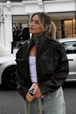 Women’s Leather Bomber Jacket with Pocket Detail