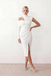 Woman wearing the Asymmetric Neck Open Back Midi Dress featuring an asymmetric mock-neck halter, off-shoulder ruched detailing, long fitted sleeves, an elegant open back, fitted midi silhouette and front slit, styled for weddings, cocktail parties and formal occasions.
