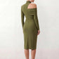 Woman wearing the Asymmetric Neck Open Back Midi Dress featuring an asymmetric mock-neck halter, off-shoulder ruched detailing, long fitted sleeves, an elegant open back, fitted midi silhouette and front slit, styled for weddings, cocktail parties and formal occasions.