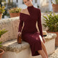 Woman wearing the Asymmetric Neck Open Back Midi Dress featuring an asymmetric mock-neck halter, off-shoulder ruched detailing, long fitted sleeves, an elegant open back, fitted midi silhouette and front slit, styled for weddings, cocktail parties and formal occasions.