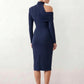 Woman wearing the Asymmetric Neck Open Back Midi Dress featuring an asymmetric mock-neck halter, off-shoulder ruched detailing, long fitted sleeves, an elegant open back, fitted midi silhouette and front slit, styled for weddings, cocktail parties and formal occasions.
