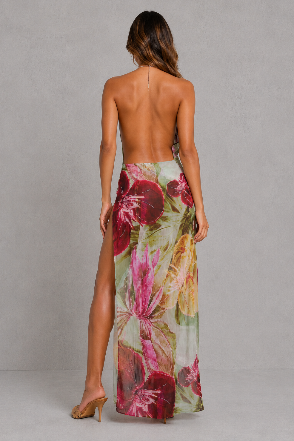 Women’s Floral Beaded Maxi Dress with Cowl Neck for Formal & Evening Wear