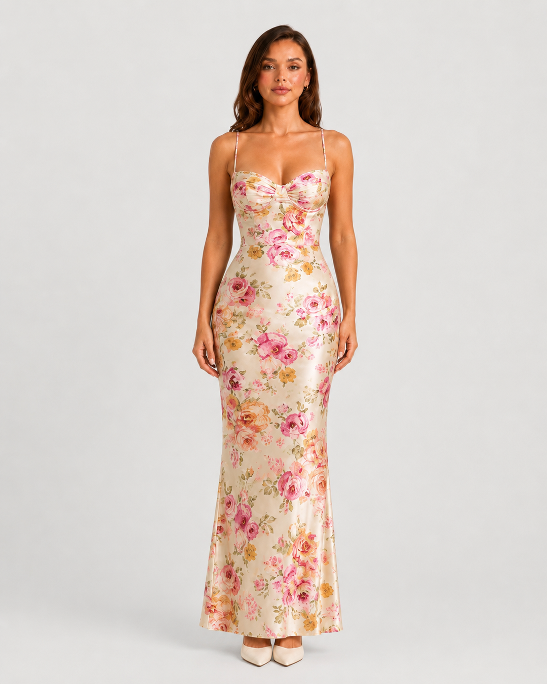 Women's floral satin maxi dress with underwired cups, lace trim detailing, fitted bodice, and flowing maxi skirt for elegant occasion wear.
