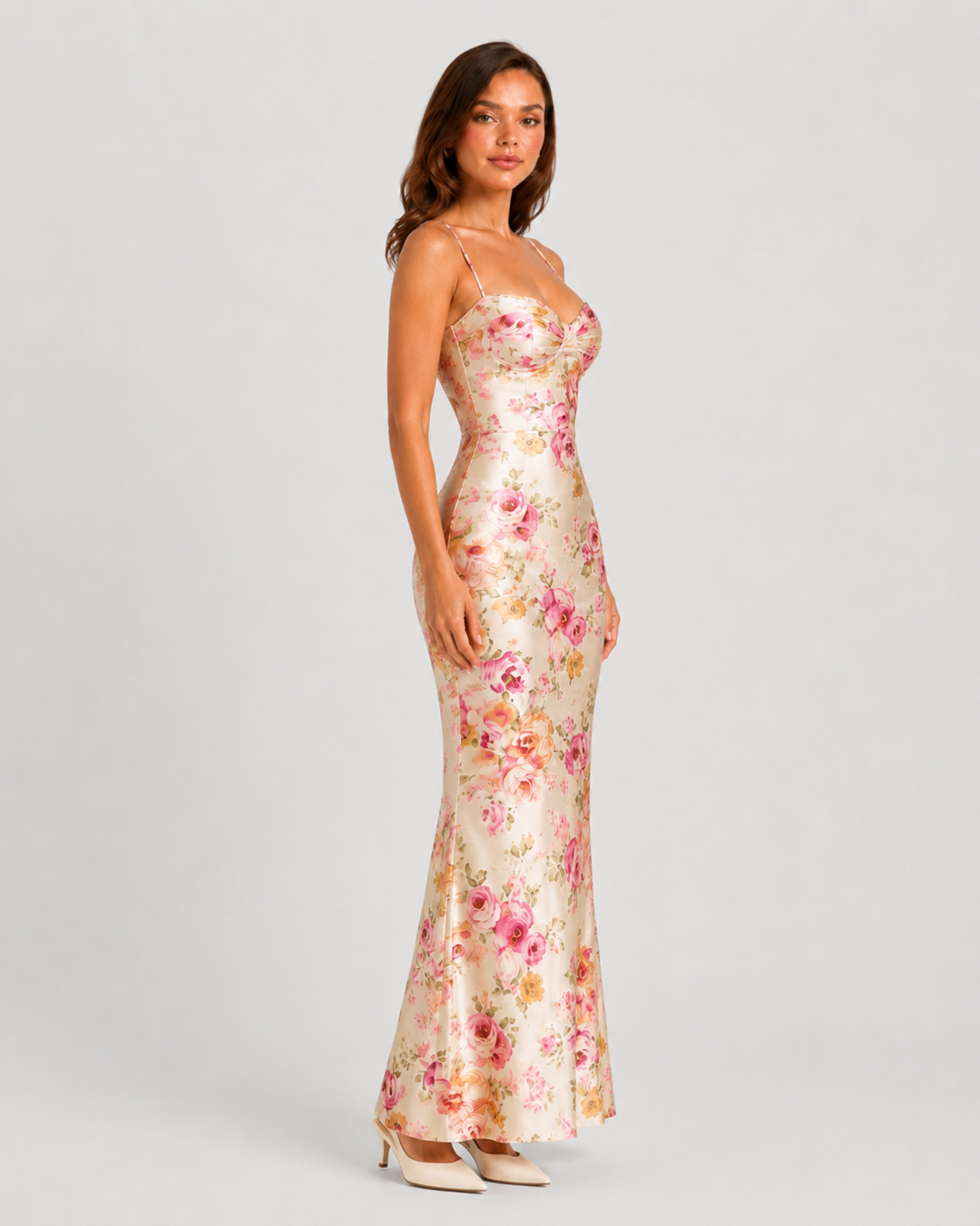 Women's floral satin maxi dress with underwired cups, lace trim detailing, fitted bodice, and flowing maxi skirt for elegant occasion wear.