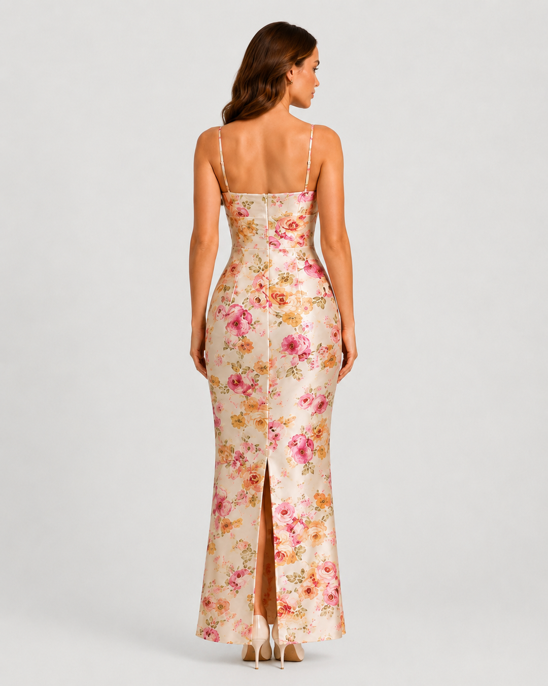 Women's floral satin maxi dress with underwired cups, lace trim detailing, fitted bodice, and flowing maxi skirt for elegant occasion wear.