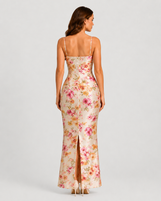 Women's floral satin maxi dress with underwired cups, lace trim detailing, fitted bodice, and flowing maxi skirt for elegant occasion wear.
