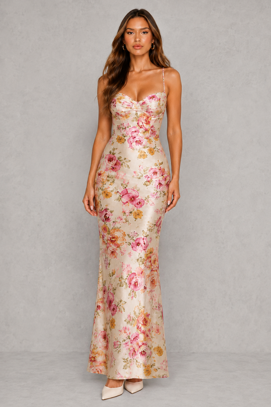 Women’s Floral Satin Maxi Dress with Shaping Cups – By Hayley