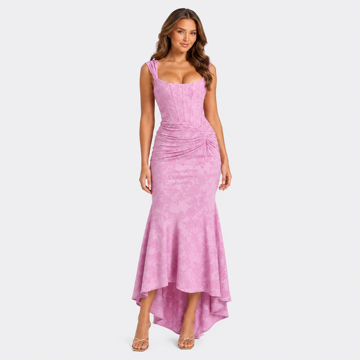 Women's floral textured corset maxi dress with ruched waist and asymmetrical fishtail hem in a feminine occasionwear silhouette.