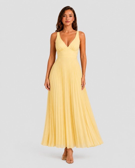 Women's yellow satin-feel pleated maxi dress with defined waist and flowing skirt, elegant occasionwear for weddings, formal events, and summer celebrations.