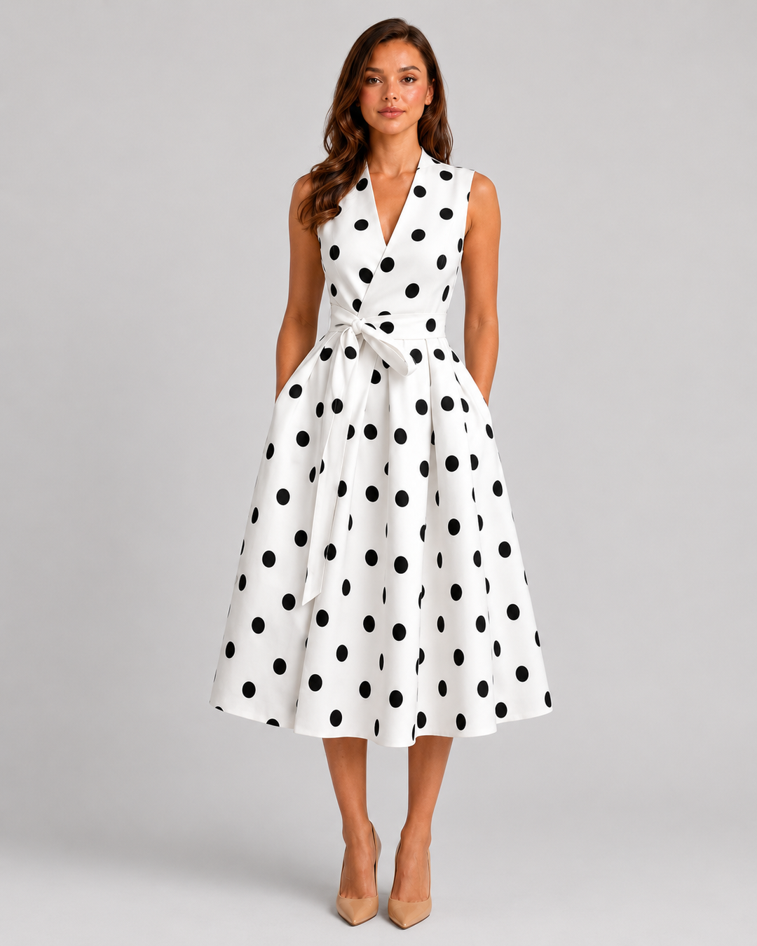 Women's black and white polka dot midi dress with sleeveless V-neckline, waist tie detail, and flowing full skirt in a vintage-inspired silhouette.