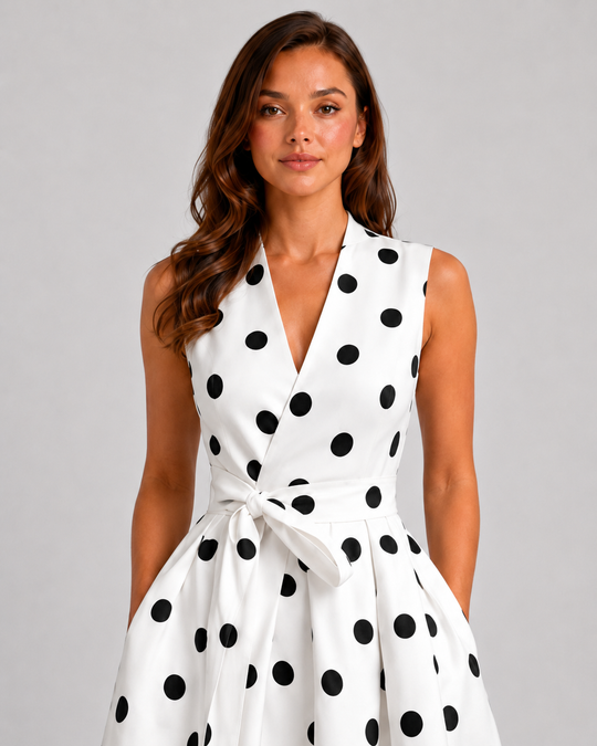 Women's black and white polka dot midi dress with sleeveless V-neckline, waist tie detail, and flowing full skirt in a vintage-inspired silhouette.