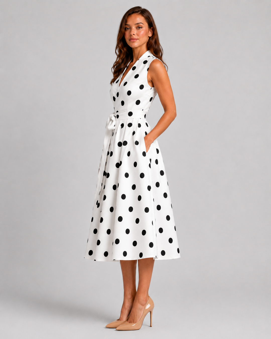 Women's black and white polka dot midi dress with sleeveless V-neckline, waist tie detail, and flowing full skirt in a vintage-inspired silhouette.