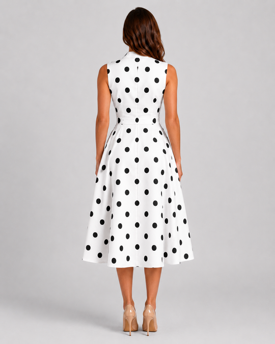 Women's black and white polka dot midi dress with sleeveless V-neckline, waist tie detail, and flowing full skirt in a vintage-inspired silhouette.