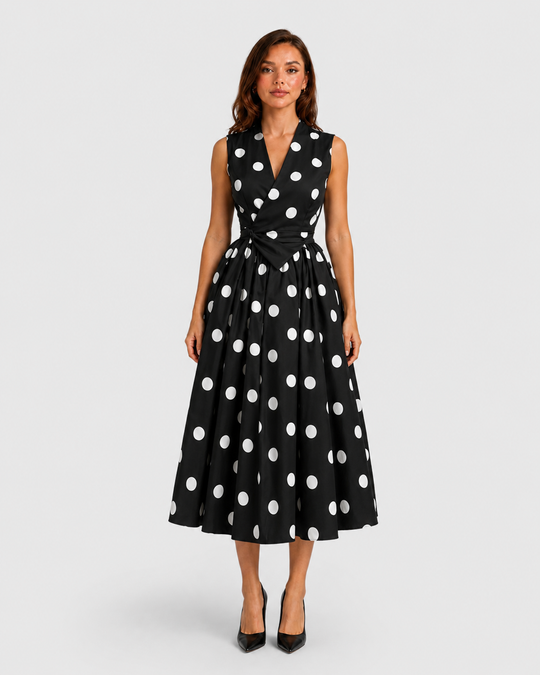 Women's black and white polka dot midi dress with sleeveless V-neckline, waist tie detail, and flowing full skirt in a vintage-inspired silhouette.