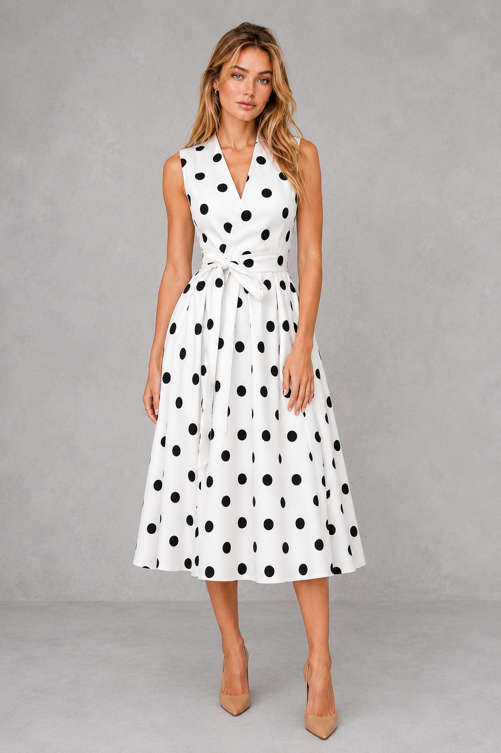 Women’s Full Skirt Polka Dot Midi Dress – By Hayley