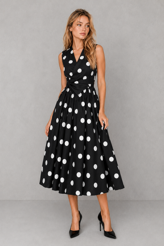 Women’s Full Skirt Polka Dot Midi Dress – By Hayley