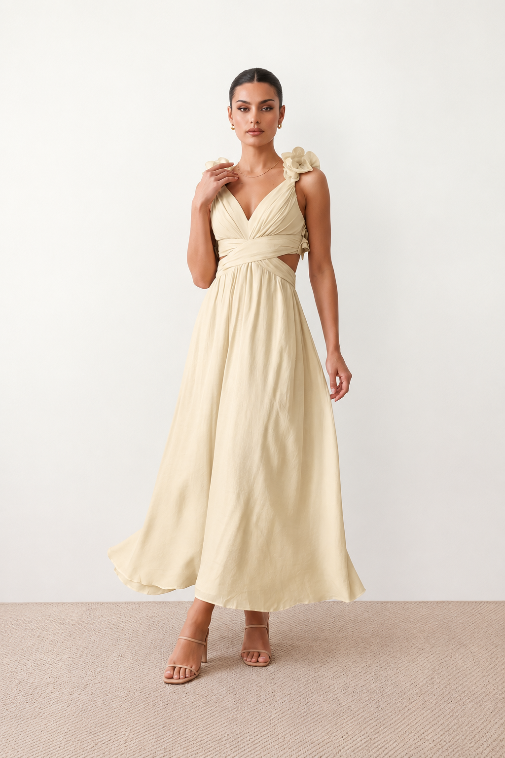 Woman wearing the Giedre Lace-Up A-Line Midi Dress featuring a deep V-neckline, ruffle shoulder sleeves, side waist cut-outs, adjustable lace-up open back and a flowing A-line midi skirt, ideal for weddings, race days and special occasions.