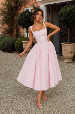 Women's Gingham Square Neck Midi Dress – Pink