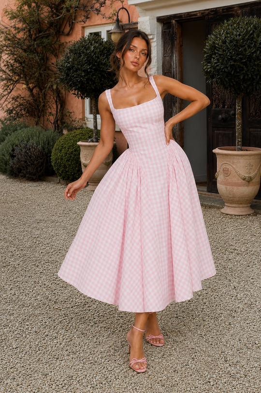Women's Gingham Midi Dress - Square Neck Wedding Guest Fit & Flare
