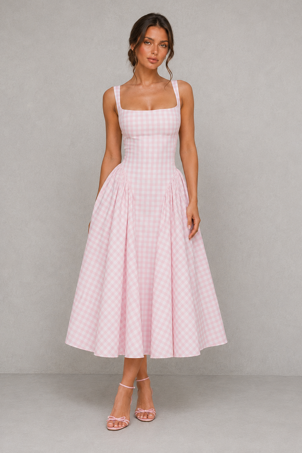 Women's Gingham Midi Dress - Square Neck Wedding Guest Fit & Flare