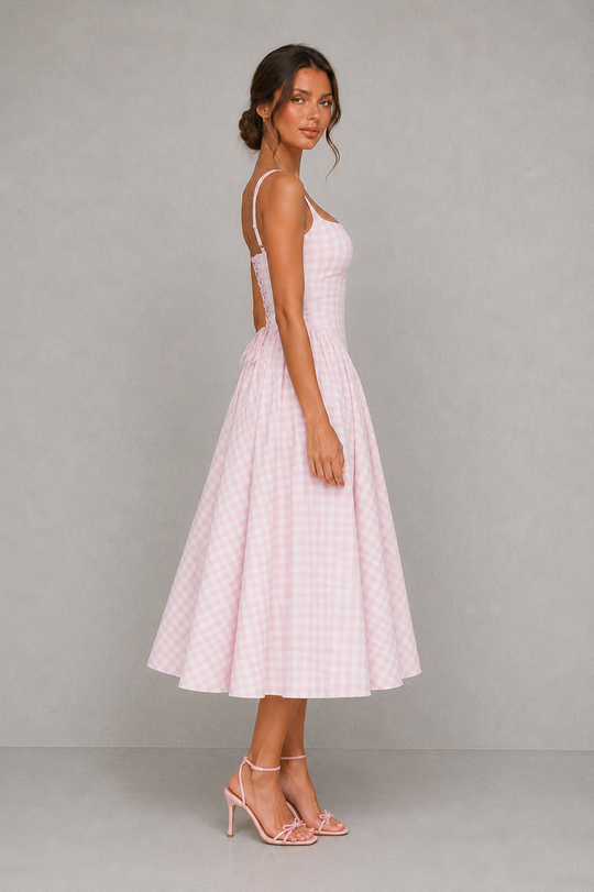 Women's Gingham Midi Dress - Square Neck Wedding Guest Fit & Flare