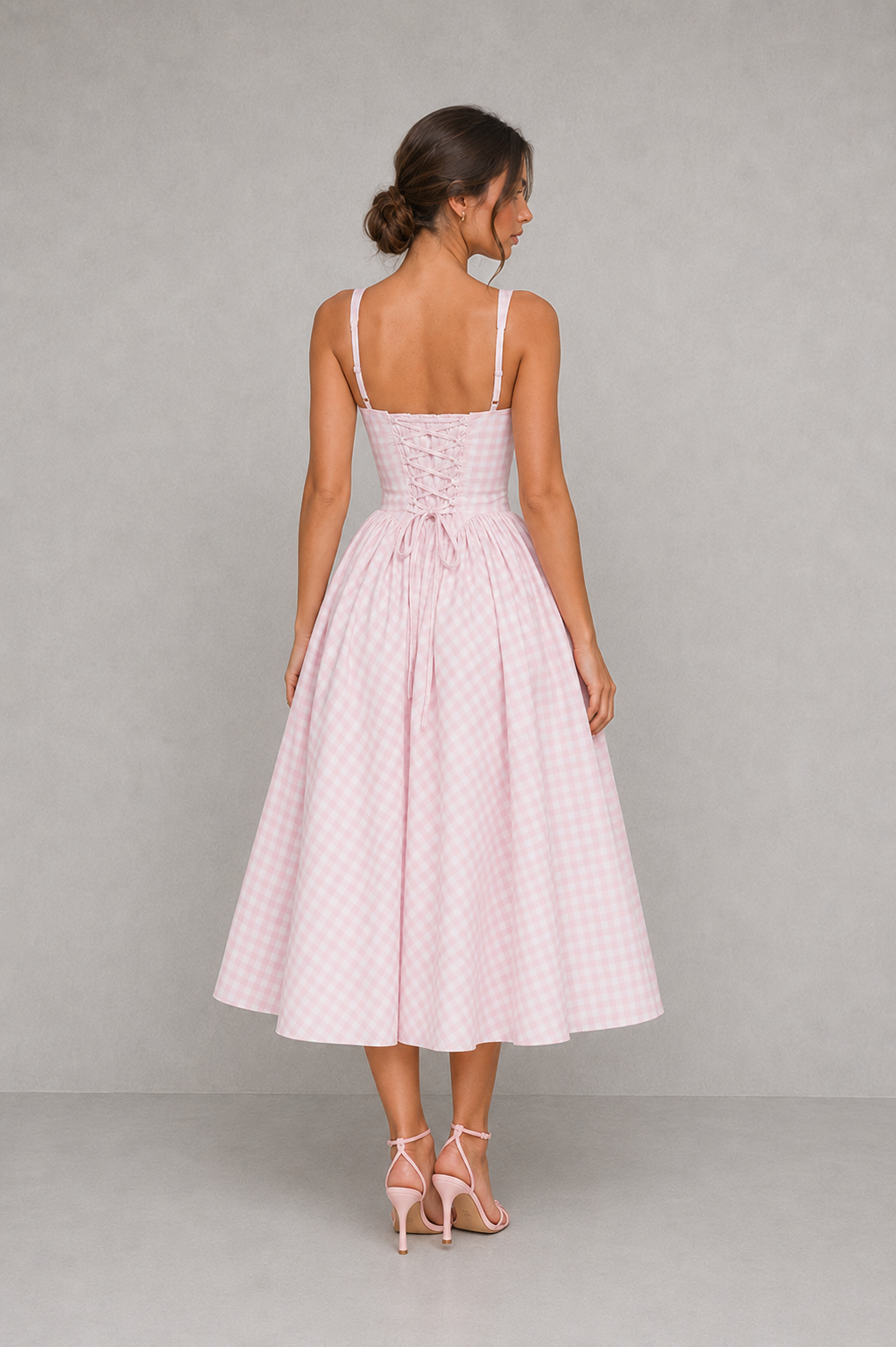 Women's Gingham Midi Dress - Square Neck Wedding Guest Fit & Flare
