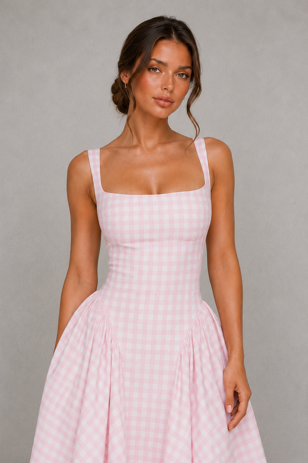 Women's Gingham Midi Dress - Square Neck Wedding Guest Fit & Flare