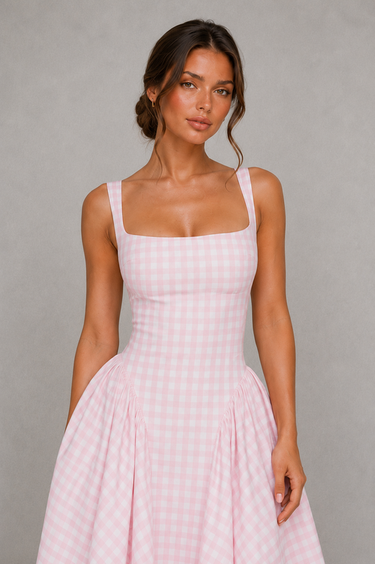 Women's Gingham Midi Dress - Square Neck Wedding Guest Fit & Flare