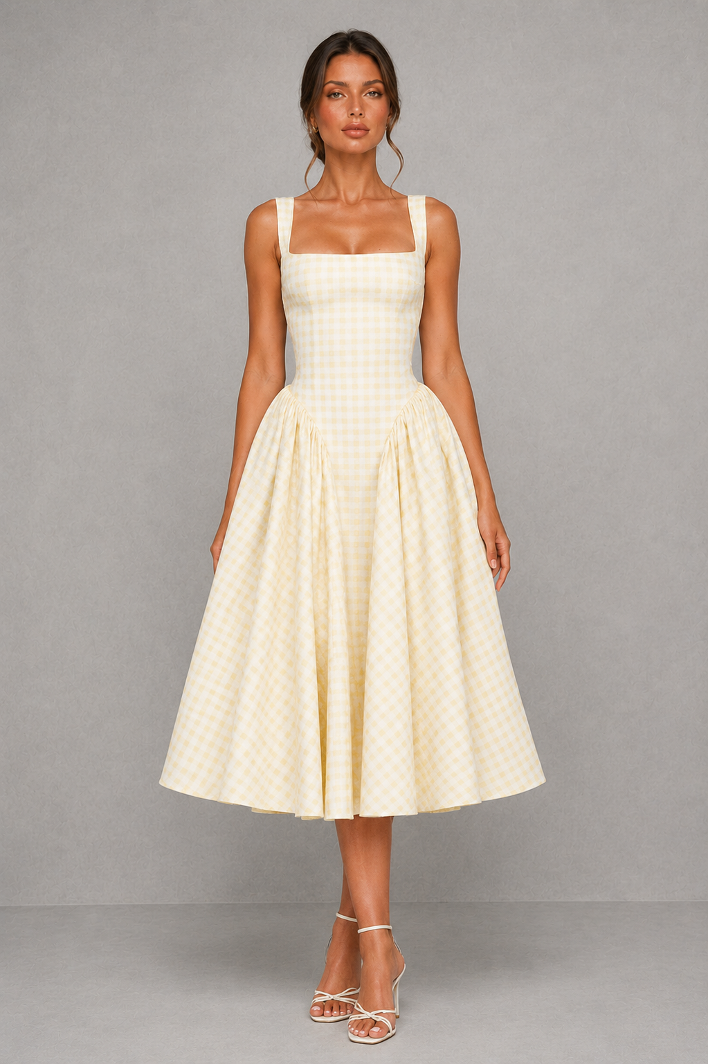 Women's Gingham Midi Dress - Square Neck Wedding Guest Fit & Flare