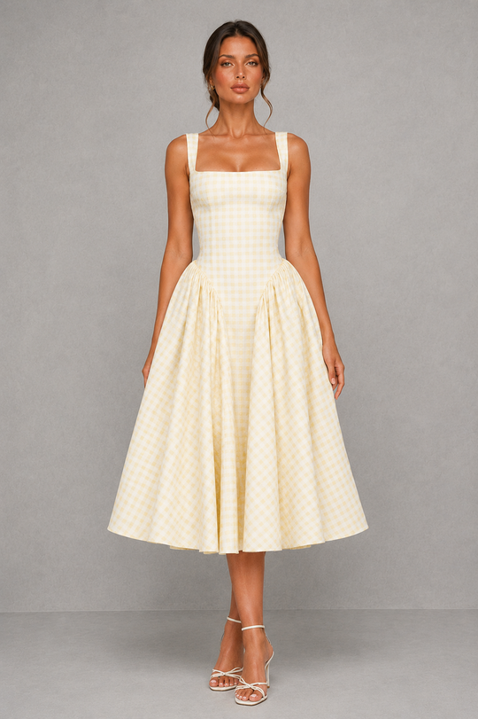 Women's Gingham Midi Dress - Square Neck Wedding Guest Fit & Flare