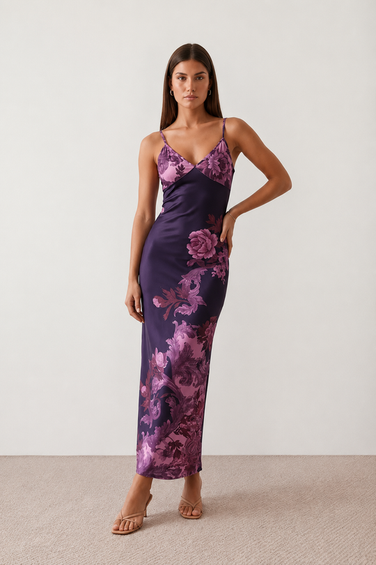 Woman wearing the Milota glossy floral slip maxi dress featuring a baroque-inspired floral print, deep V-neckline, adjustable spaghetti straps, low draped back, satin-look finish, and body-skimming floor-length silhouette, ideal for wedding guests and formal occasions.