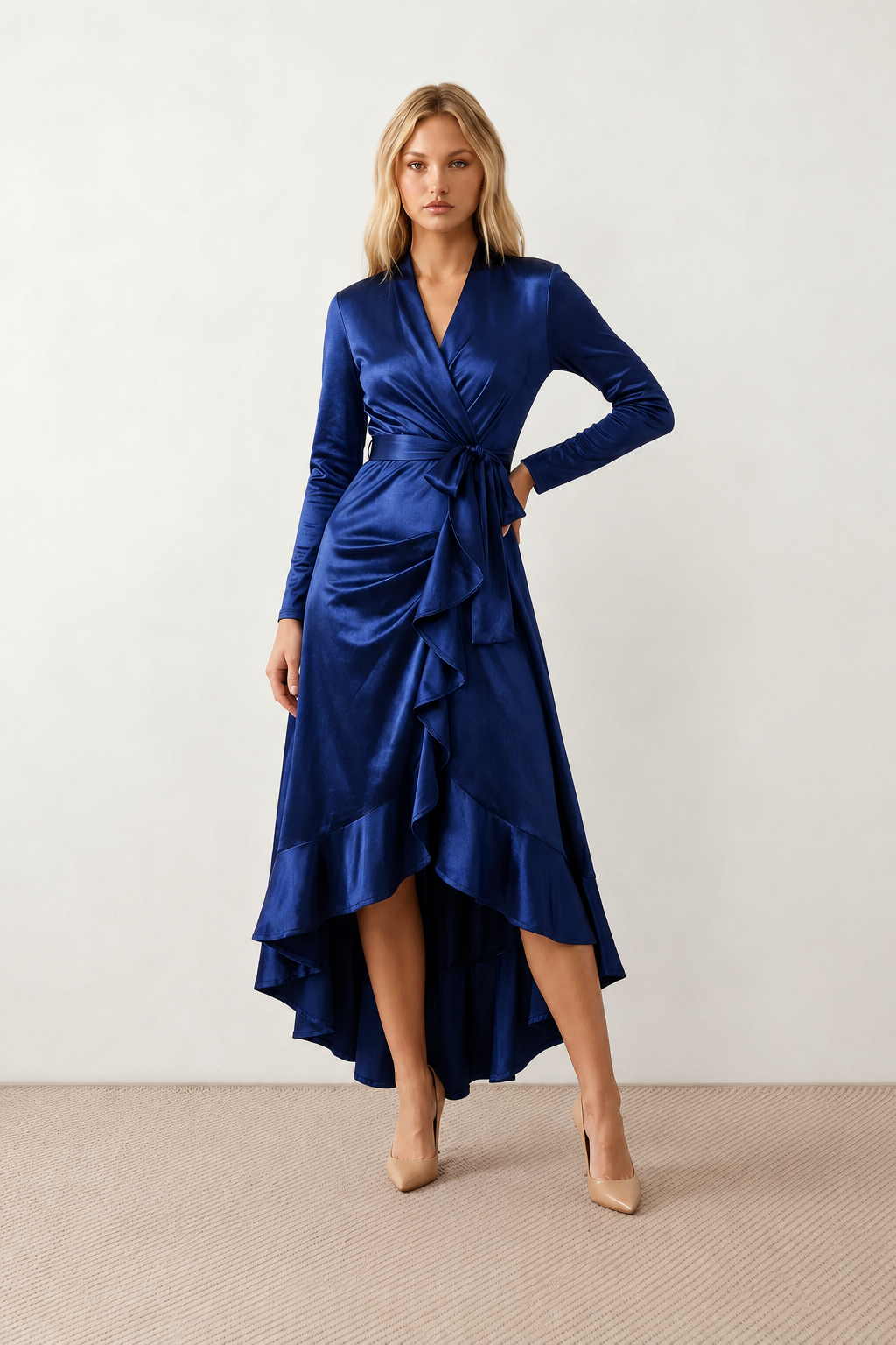 Woman wearing the Cordula Glossy Ruffle Detail Maxi Dress in a satin-look finish featuring a wrap V-neckline, long sleeves, self-tie waist sash and cascading asymmetric ruffle high-low hem, styled as an elegant wedding guest and occasion dress.