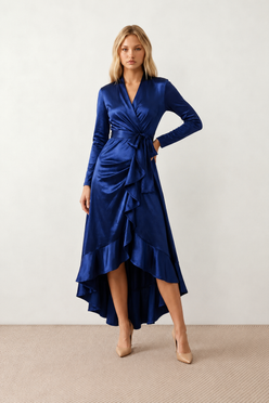 Woman wearing the Cordula Glossy Ruffle Detail Maxi Dress in a satin-look finish featuring a wrap V-neckline, long sleeves, self-tie waist sash and cascading asymmetric ruffle high-low hem, styled as an elegant wedding guest and occasion dress.