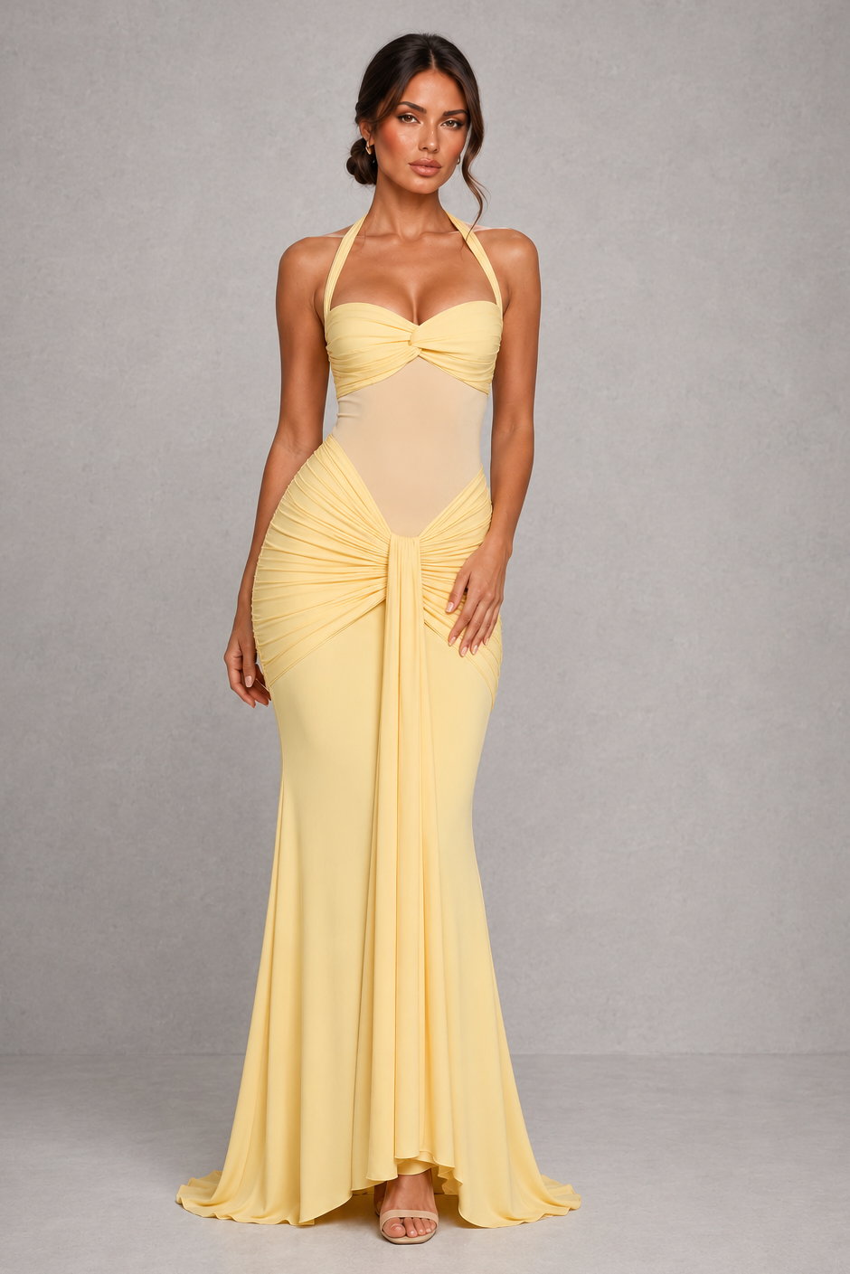 Women’s Halter Maxi Dress with Sheer Mesh Bodice for Formal & Evening Wear