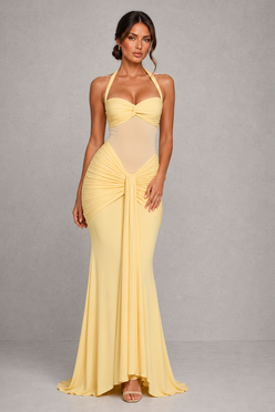 Women’s Halter Maxi Dress with Sheer Mesh Bodice for Formal & Evening Wear