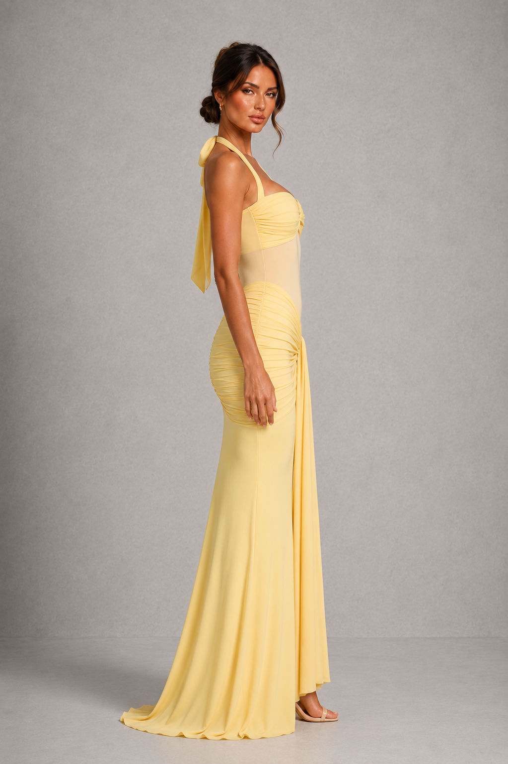 Women’s Halter Maxi Dress with Sheer Mesh Bodice for Formal & Evening Wear