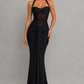 Women’s Halter Maxi Dress with Sheer Mesh Bodice for Formal & Evening Wear