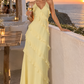 Women's halter neck ruffle maxi dress in a flowing full-length silhouette with soft ruffle detailing, lightweight fabric, and an elegant evening design.