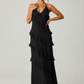 Women's halter neck ruffle maxi dress in a flowing full-length silhouette with soft ruffle detailing, lightweight fabric, and an elegant evening design.