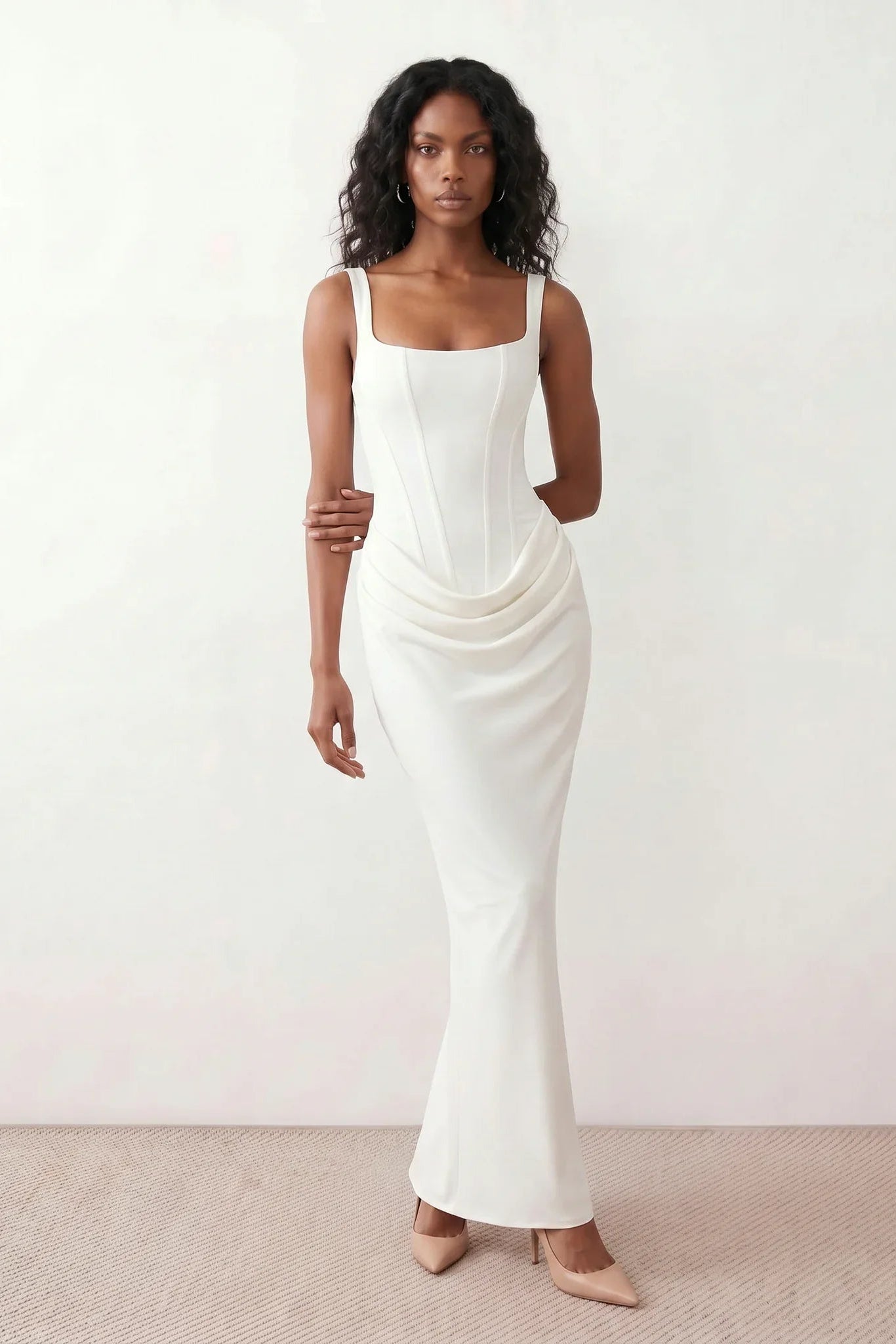 Women's Justina basque waist corset maxi dress featuring a structured boned bodice, square neckline, adjustable wide straps, ruched hip draping, side split, and a fitted floor-length silhouette for elegant evening and occasion wear.