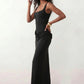 Women's Justina basque waist corset maxi dress featuring a structured boned bodice, square neckline, adjustable wide straps, ruched hip draping, side split, and a fitted floor-length silhouette for elegant evening and occasion wear.