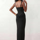 Women's Justina basque waist corset maxi dress featuring a structured boned bodice, square neckline, adjustable wide straps, ruched hip draping, side split, and a fitted floor-length silhouette for elegant evening and occasion wear.