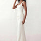 Women's Justina basque waist corset maxi dress featuring a structured boned bodice, square neckline, adjustable wide straps, ruched hip draping, side split, and a fitted floor-length silhouette for elegant evening and occasion wear.